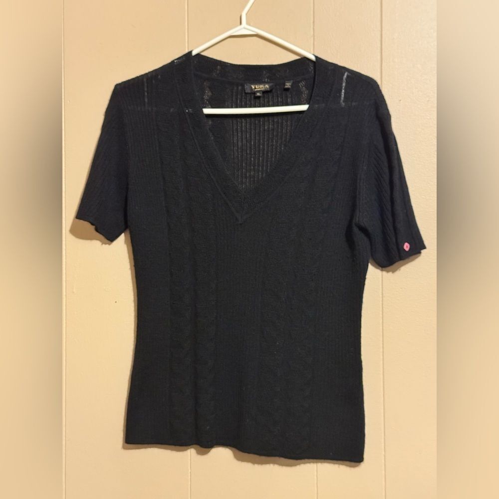 YUKA Wom XL short‎ sleeve V neck woven knit sweater Wool Angora Blend cable knit - Picture 2 of 9